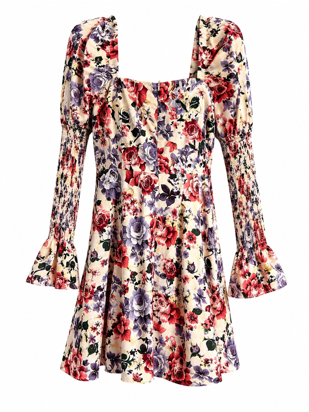 Missguided Floral Long Sleeve Square Neck Mini Dress in Cream, Red & Purple